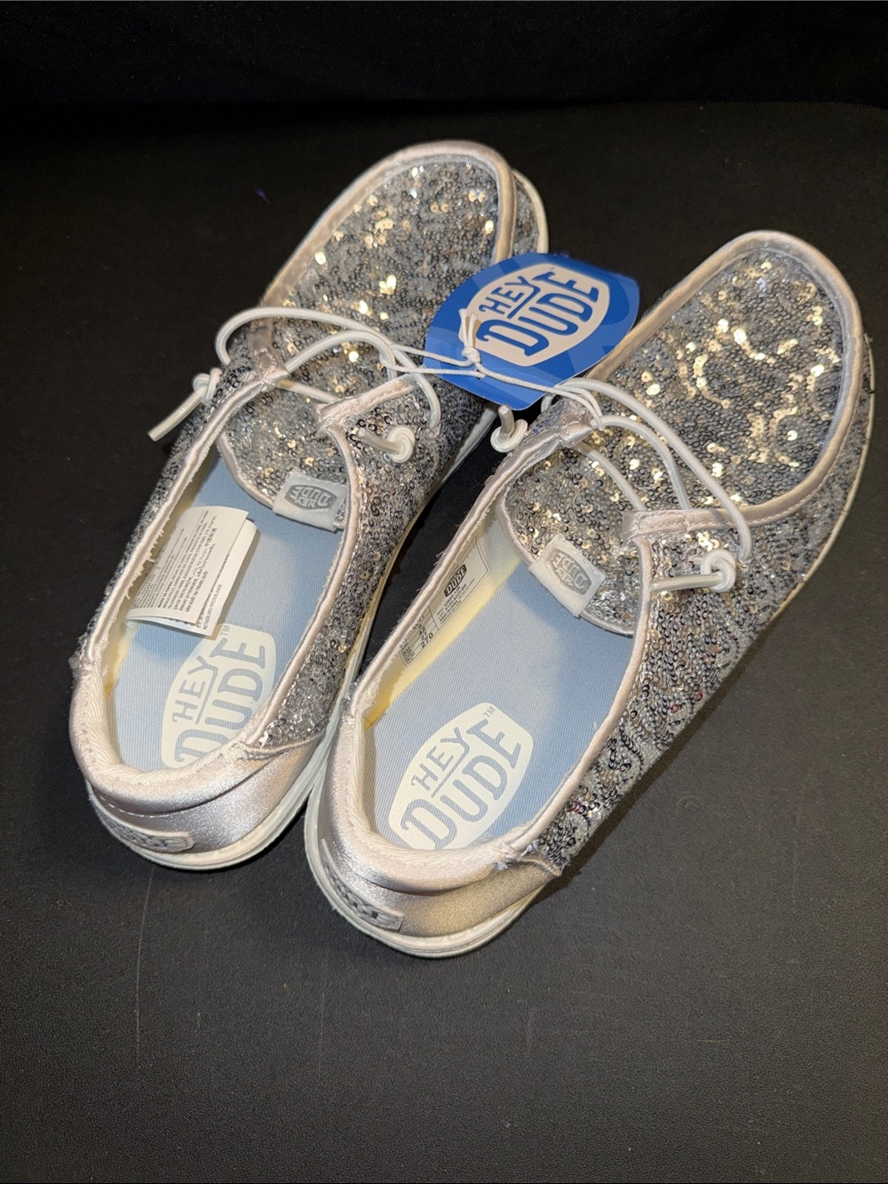 RARE Hey Dude Wendys women’s Silver Sequin Slip-On Sneakers size 11 Flaw INSIDE